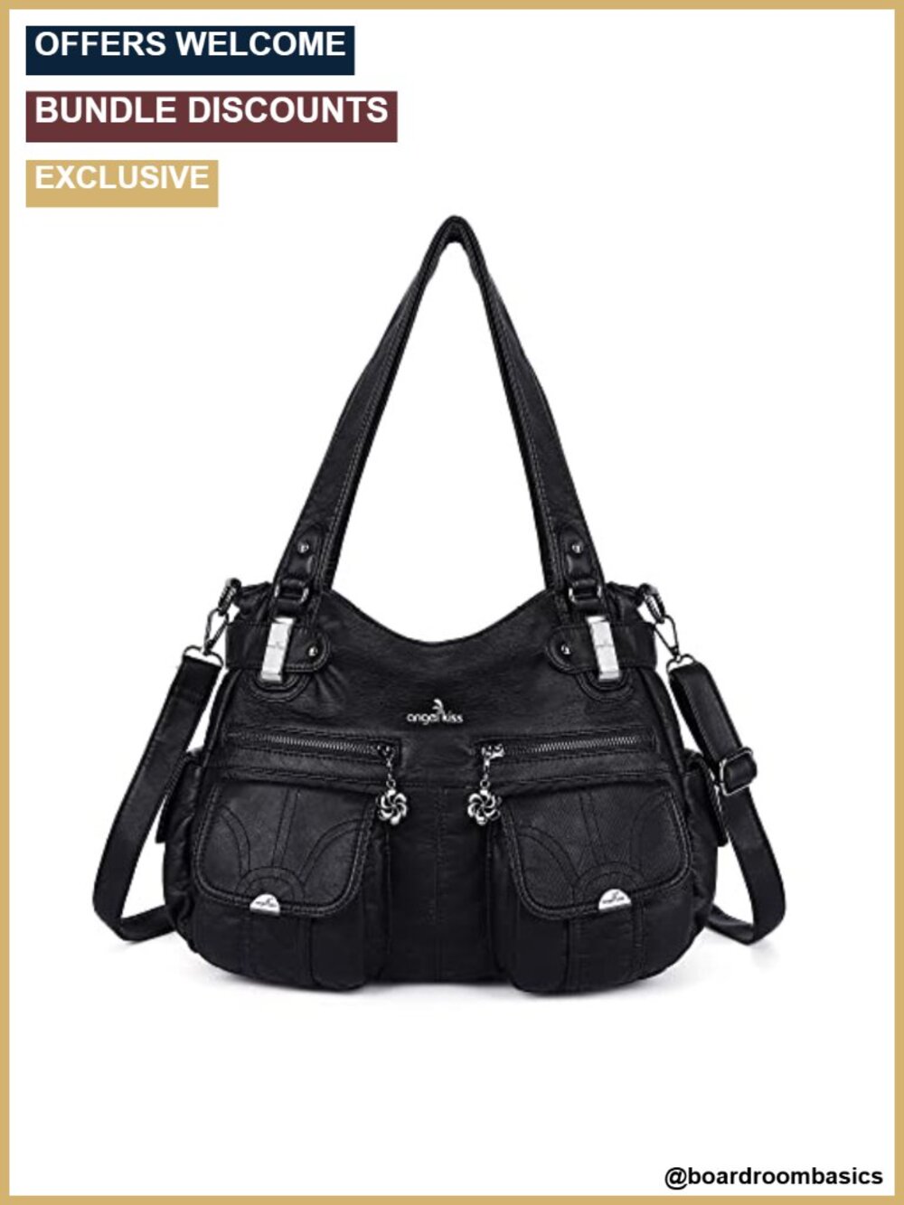 Washed PU Leather Satchel Handbag Double Zipper Multi Pocket Purse